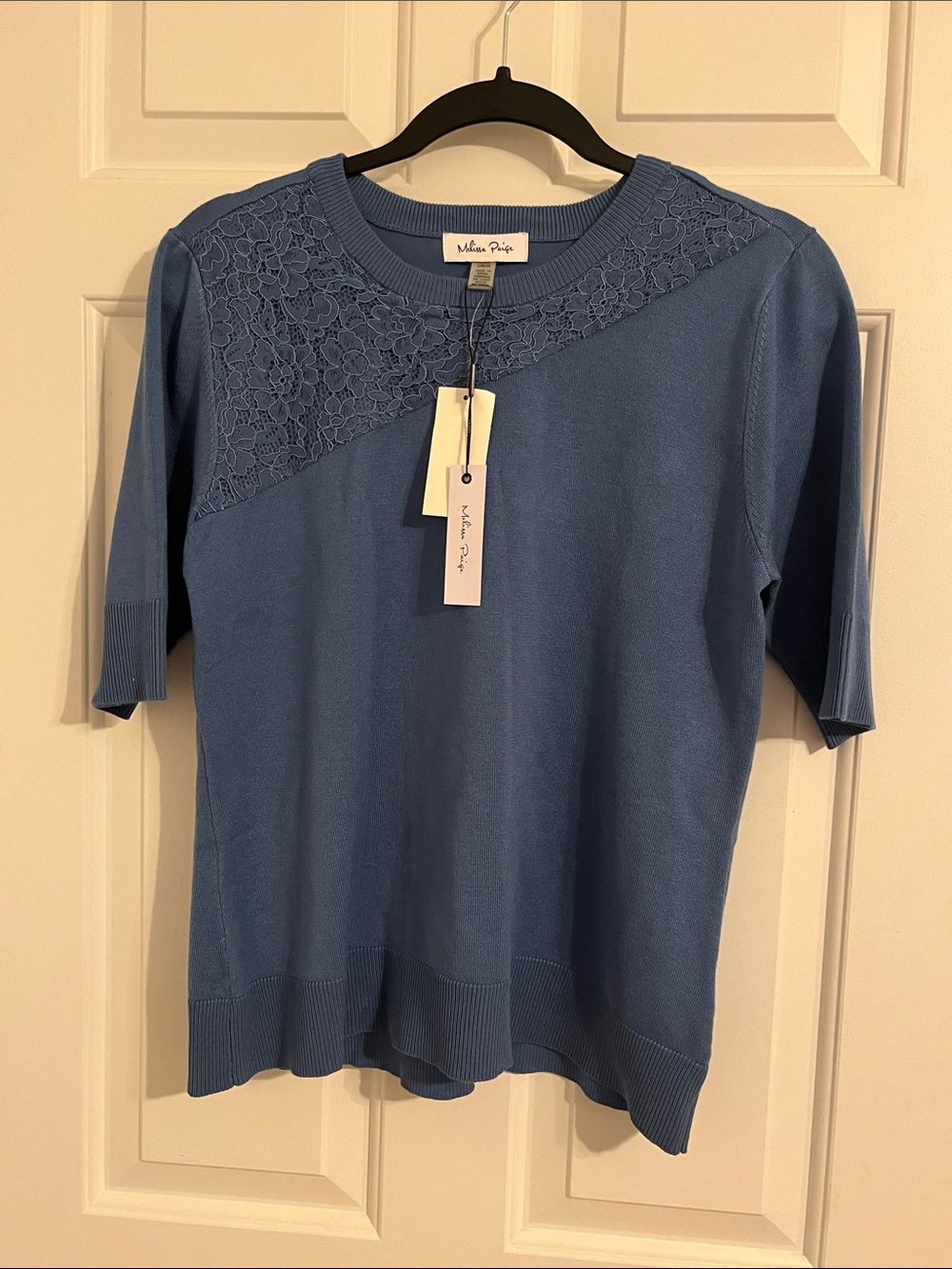 Melissa Paige Dusty Blue Lace-Yoke Short Sleeve Knit Top